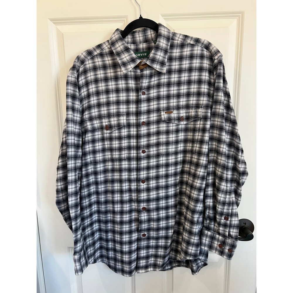Orvis Long Sleeve Button Down Blaxk Gray Plaid Flannel Shirt Size Large